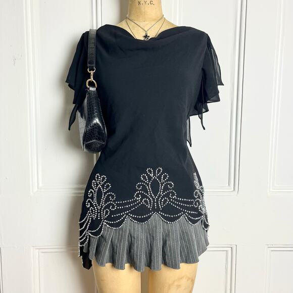 Metaphor Vintage Black Whimsygoth Glam Blouse with Decorated Bedazzled Hem - Picture 2 of 7